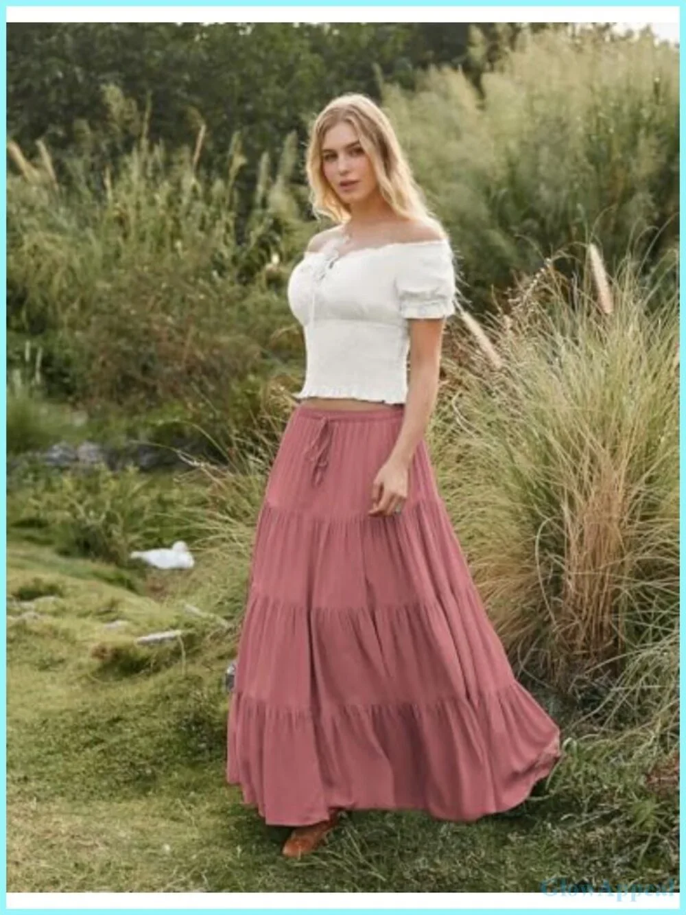 Flowy Tiered Maxi Skirt with Pockets, Elastic High Waist, Renaissance Boho